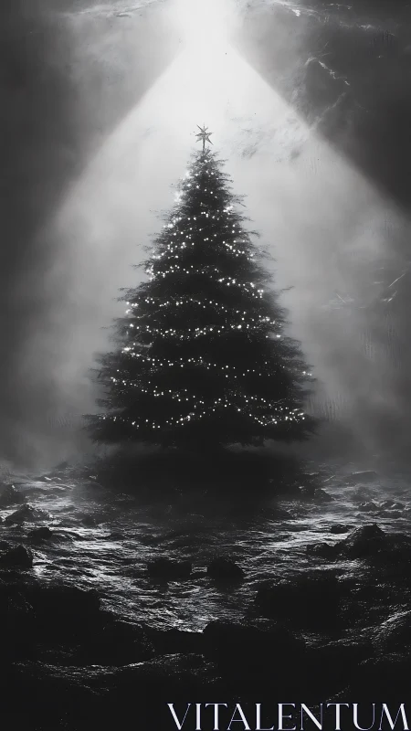 Monochrome illuminated fir tree anchors a high-contrast cavern