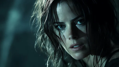 Intense closeup of wet woman in moody cinematic light.