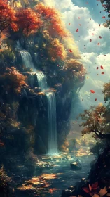 Tiered autumn waterfall in forested canyon with drifting leaves