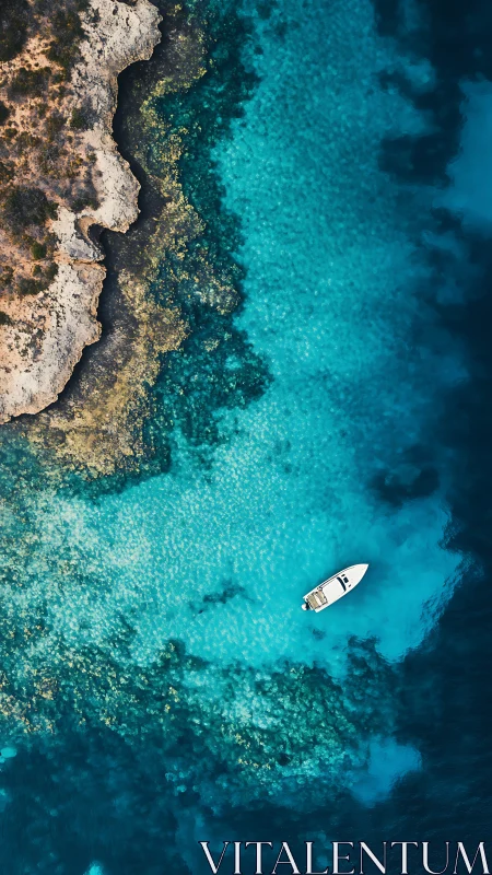 Drone top view of small motorboat over shallow turquoise reef.