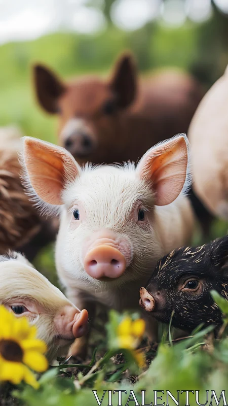 Curious piglets explore a sunny meadow in playful harmony