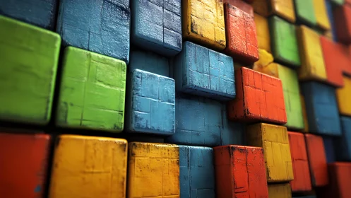 Stacked color blocks in worn geometric parade of depth.