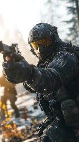 Armored operator carves sunlight with a pistol&rsquo;s sharp aim