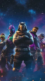 Fortnite squad stands united beneath glowing cosmic sky.