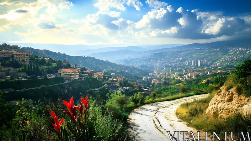Sunlit hillside town and winding country road at dusk.