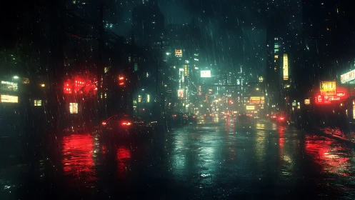 Neon-saturated rainy boulevard with reflective wet asphalt surfaces.