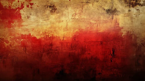 Fiery Red and Gold Abstract Painting with Textured Brushstrokes.
