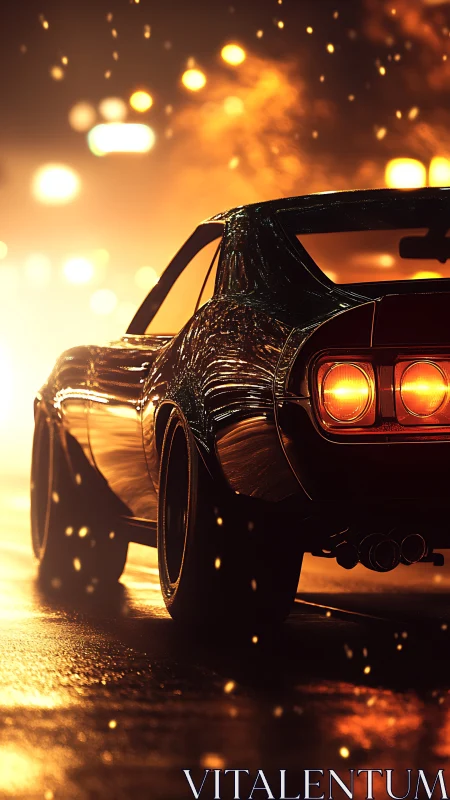 Muscle car rear view in cinematic wet street bokeh glow.