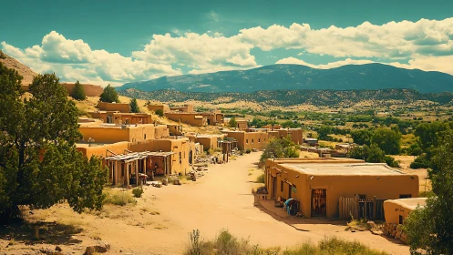 Adobe village street under clear desert sky and mountains.