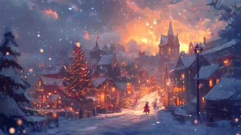 Snowlit Christmas lane aglow with ember-orange wonder.