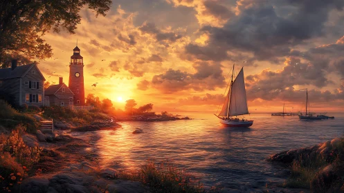 Golden-hour coastal harbor scene renders luminous sailboats
