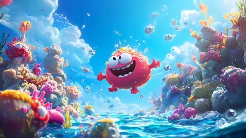 Cheerful red cartoon creature swimming in coral reef.