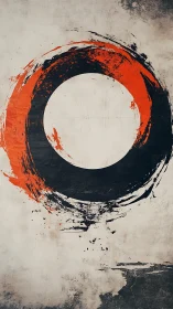 Abstract red and black circular brushstroke on aged wall.