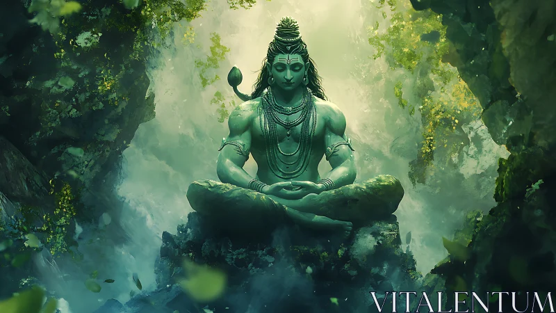 Serene emerald deity meditating amid luminous mist and cliffs