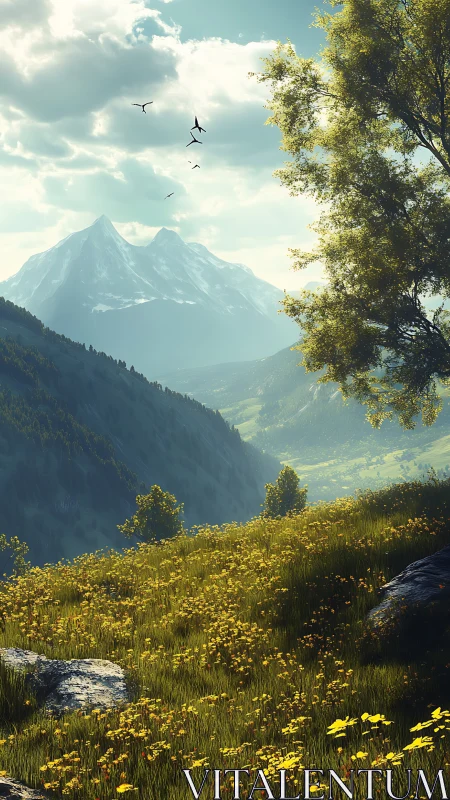 Sunny alpine valley with wildflower meadow and peaks.