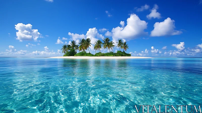 Small tropical island with palm trees surrounded by turquoise ocean water