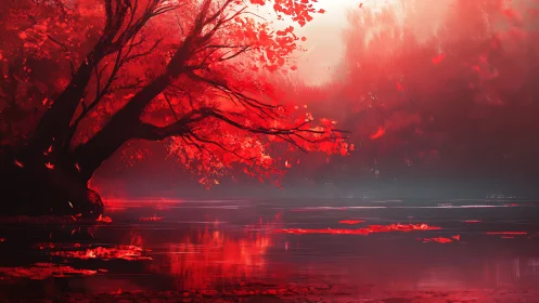 Crimson autumn tree glows over a serene reflective lake