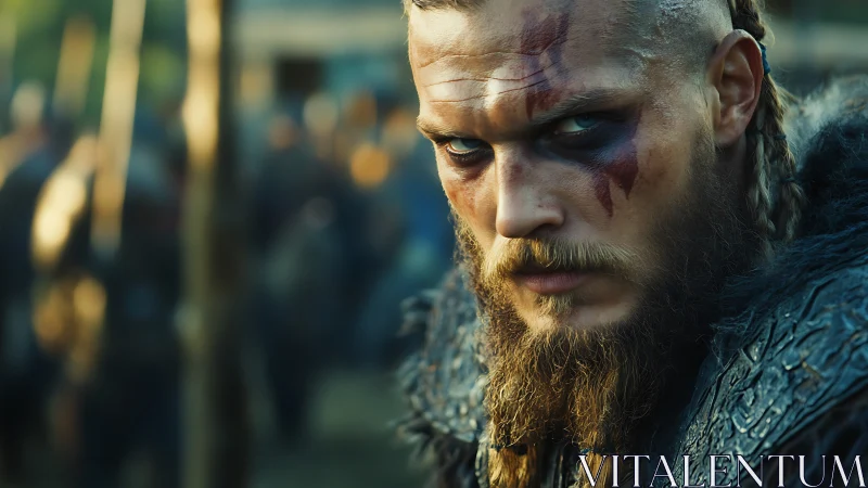 Fierce warrior glares ahead in dramatic battlefield closeup.