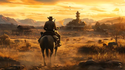 Lone rider returning to a ghostly frontier town at sundown.