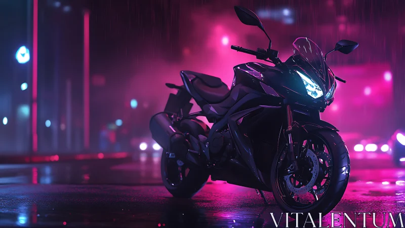 High-gloss sport bike under neon rain with cinematic depth of field