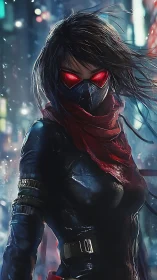 Masked figure with red illuminated goggles stands in city street