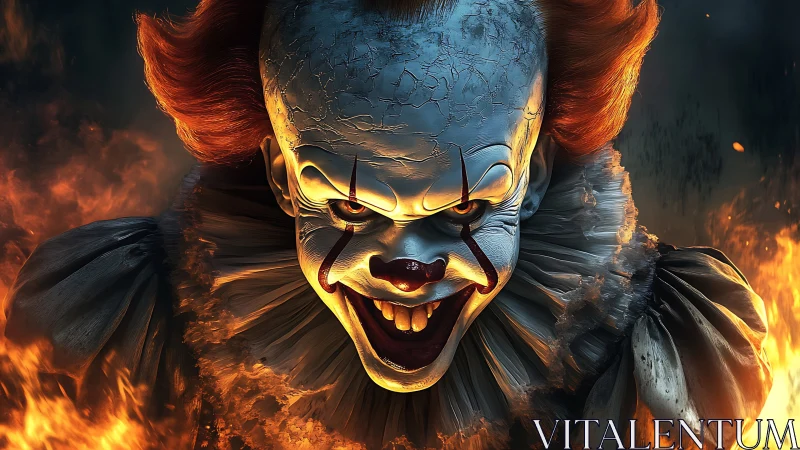 Sinister circus clown grinning through swirling firelight.