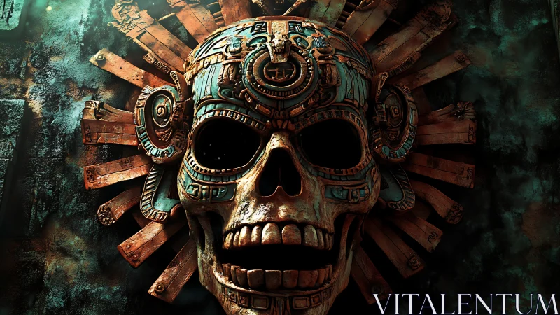 Aztec-inspired mechanical skull relief with oxidized bronze halo.
