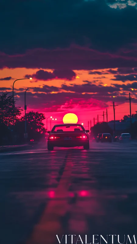 Neon dusk road chase beneath a melting electric sunset sky.