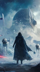 Cloaked wanderer greets an empire of cold mechanical stars