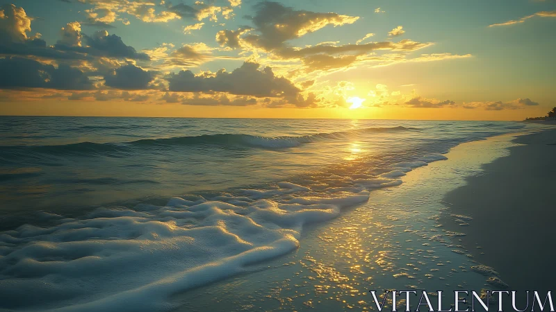 Sunlit shoreline shows shallow waves rolling onto wet sand