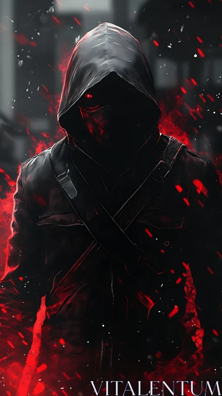 Hooded figure stands in red-illuminated, high-contrast scene