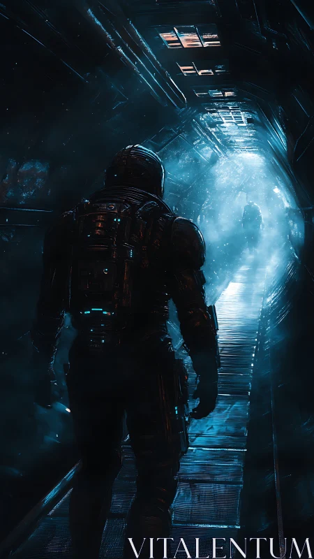 Astronaut advances through glowing sci fi corridor toward portal.