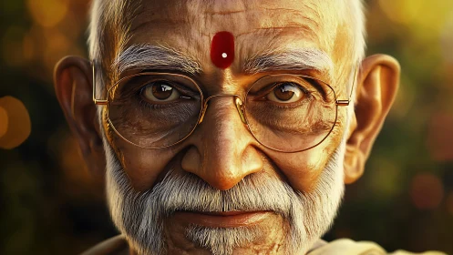 Elderly Indian man portrait with tilak and warm gaze.