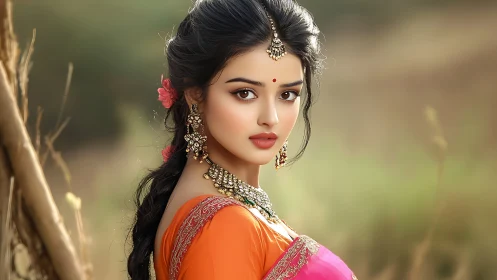 Digital portrait of woman in sari with ornate jewelry.