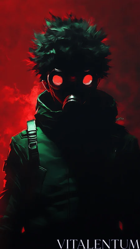 Gas-masked silhouette in red backlight with high-contrast rim lighting