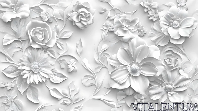 Monochromatic embossed floral composition with layered relief flowers