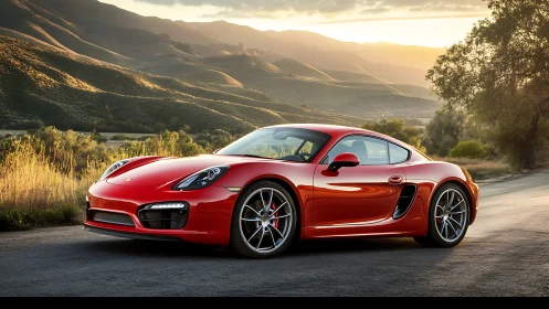 Red sports coupe glows against sunlit mountain landscape.