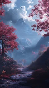 Crimson forest trail leading toward misty alpine summit.