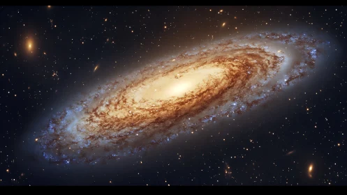 Spiral galaxy panorama with luminous golden core in space.