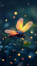 Bioluminescent firefly hovers over leaves in twilight glow.