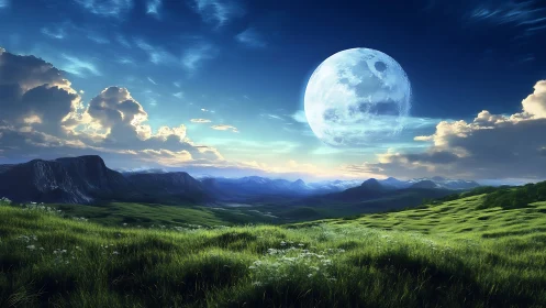 Digital landscape depicts grassy valley under enlarged moon