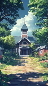 Sunlit rural schoolhouse with tower framed by lush summer trees