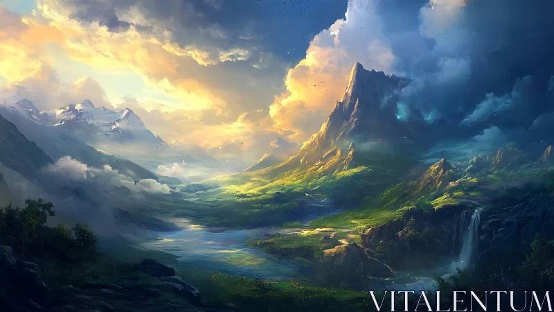 Epic alpine valley rendered with dynamic atmospheric lighting gradients