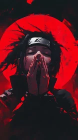 Meditative ninja silhouette before blood-red eclipse circle.