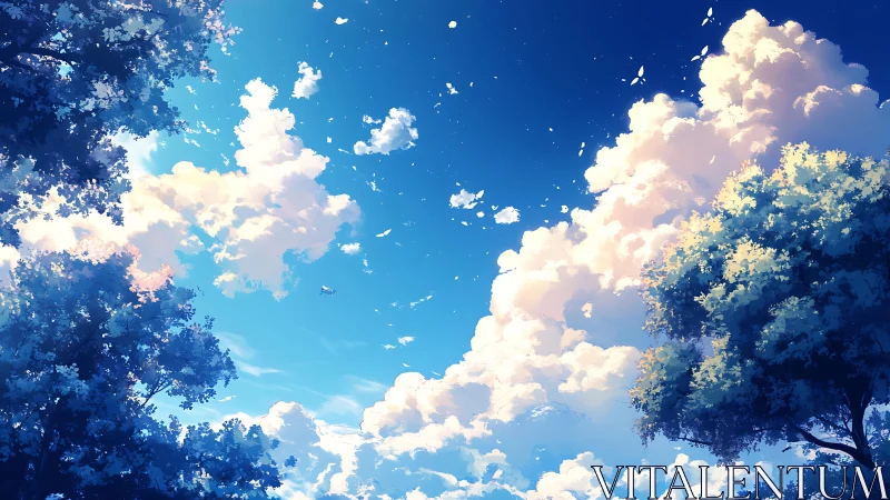 Expansive summer sky glows above lush trees and drifting clouds.