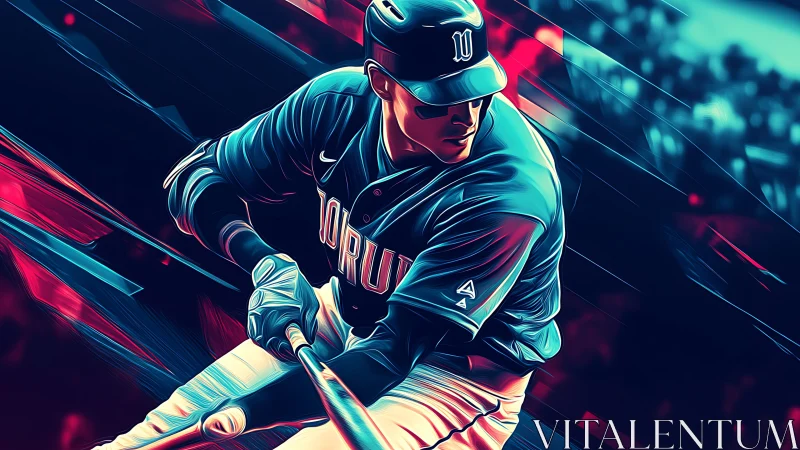 Neon-charged baseball slugger frozen in electric swing motion.