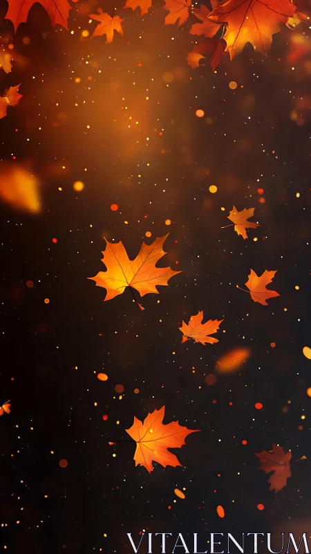 Amber autumn leaves drift gently through glowing evening air