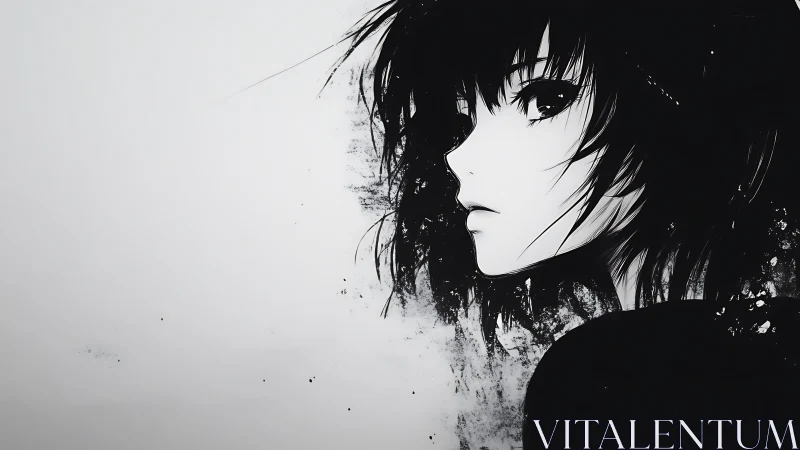 Monochrome anime portrait with ink-splatter hair texture profile