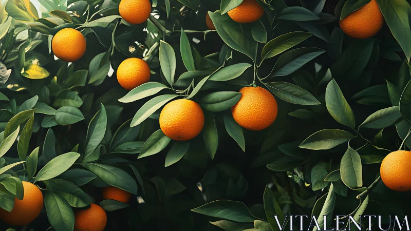 Ripe oranges hanging on dense green citrus foliage.