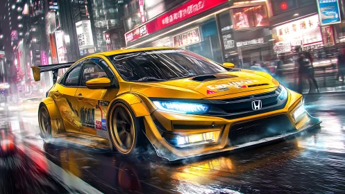 Neon-lit tuner Honda Civic races through hyperreal wet city streets